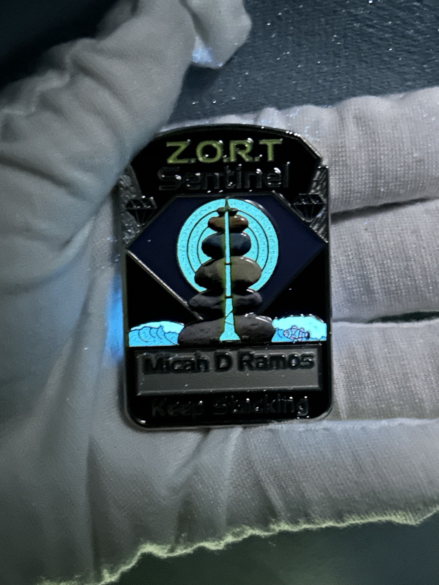 Z.O.R.T Founding Pilot Challenge Coin - Glow in the dark with stacked rocks and fish design, 1/10 series