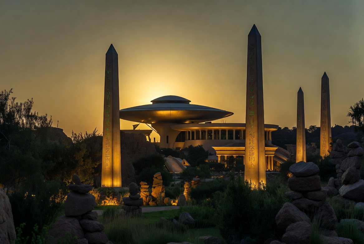Z.O.R.T Sentinel Museum exterior at twilight with Egyptian obelisks and futuristic dome