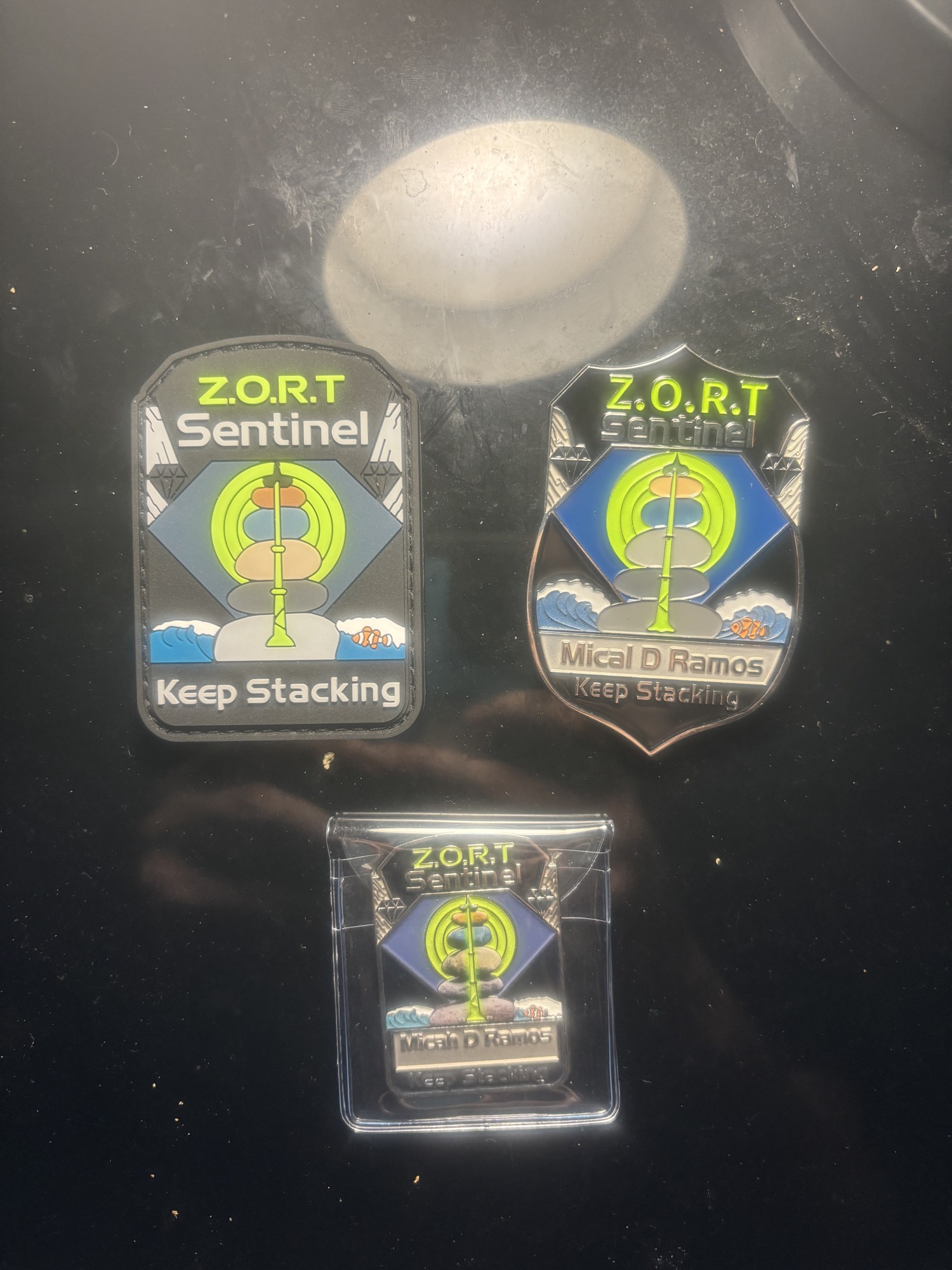Z.O.R.T Sentinel set — PVC patch, Founding Pilot badge, and challenge coin